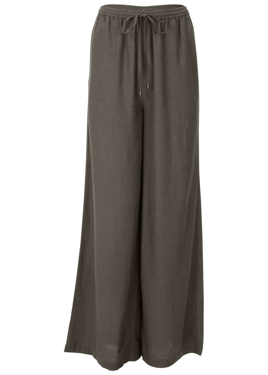 Cotton Linen Wide Leg Pants - Olive