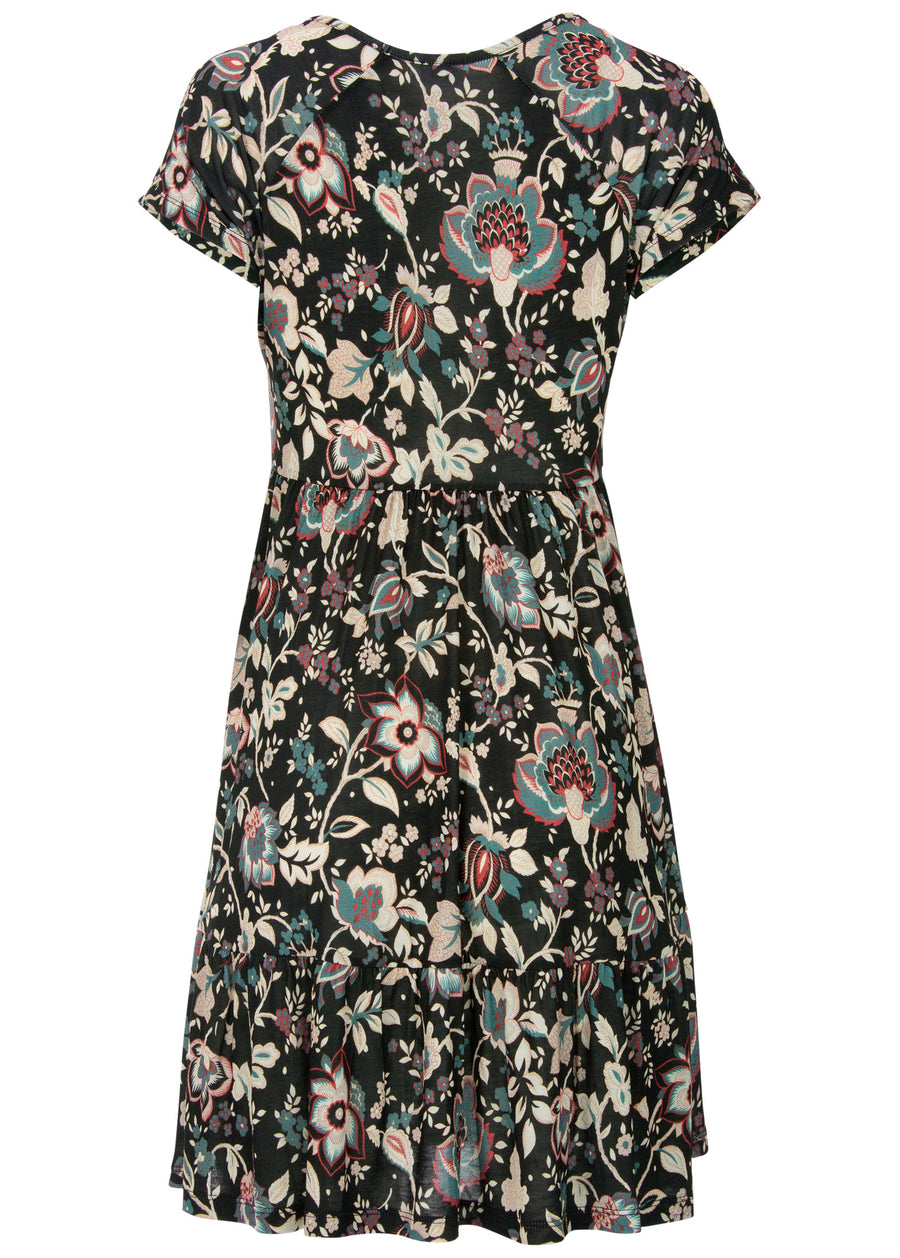 Robe courte col V - Noir Floral