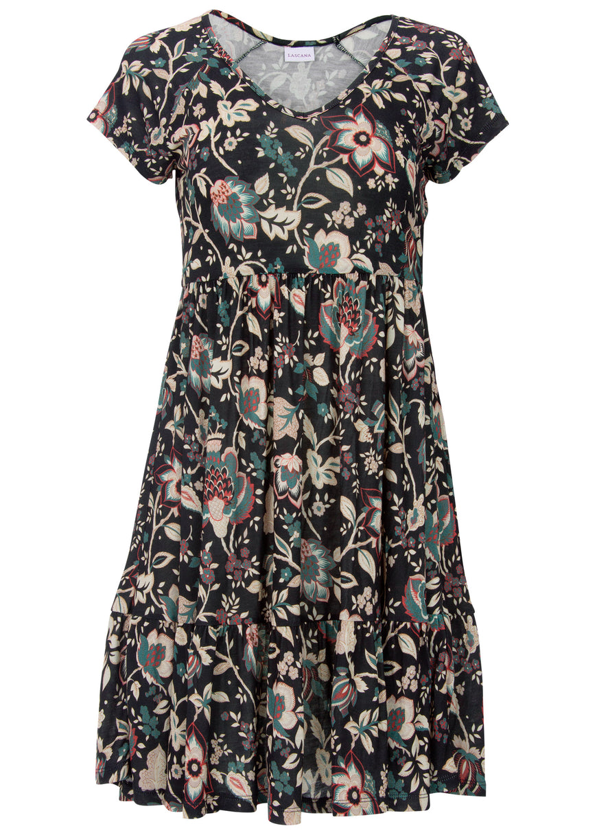 Robe courte col V - Noir Floral