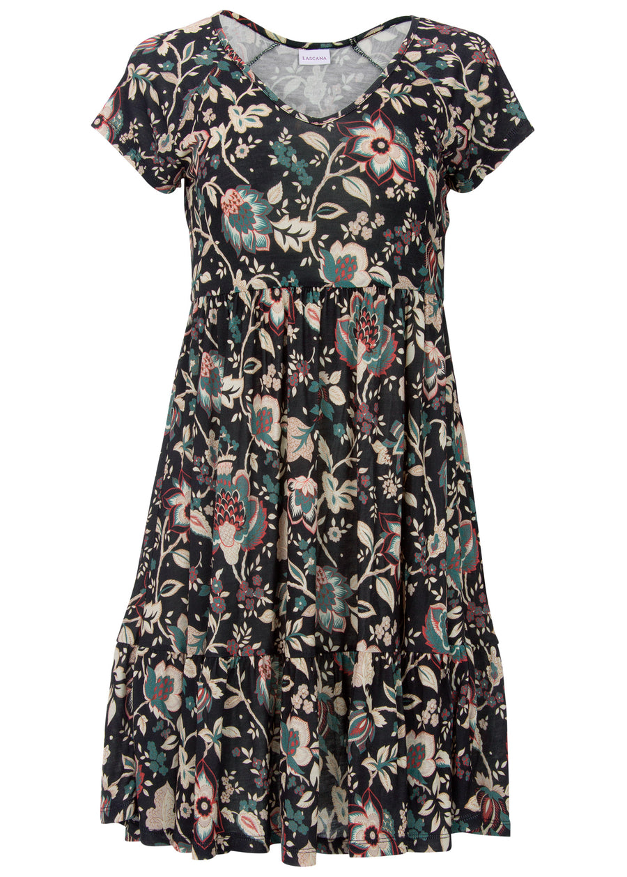 Robe courte col V - Noir Floral