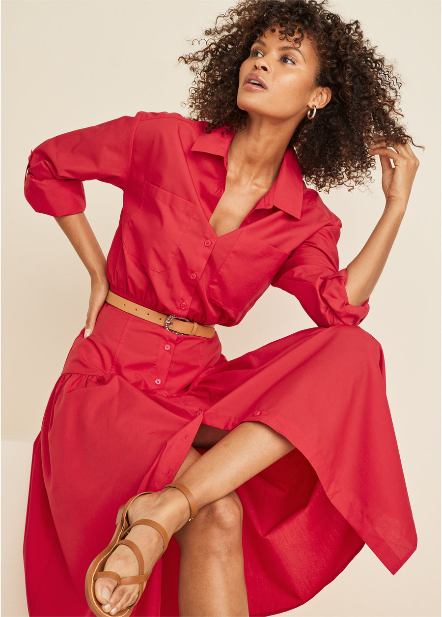 Robe midi à col - Rouge