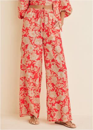 Cotton linen wide leg pants - Venetian Floral - thumbnail-1