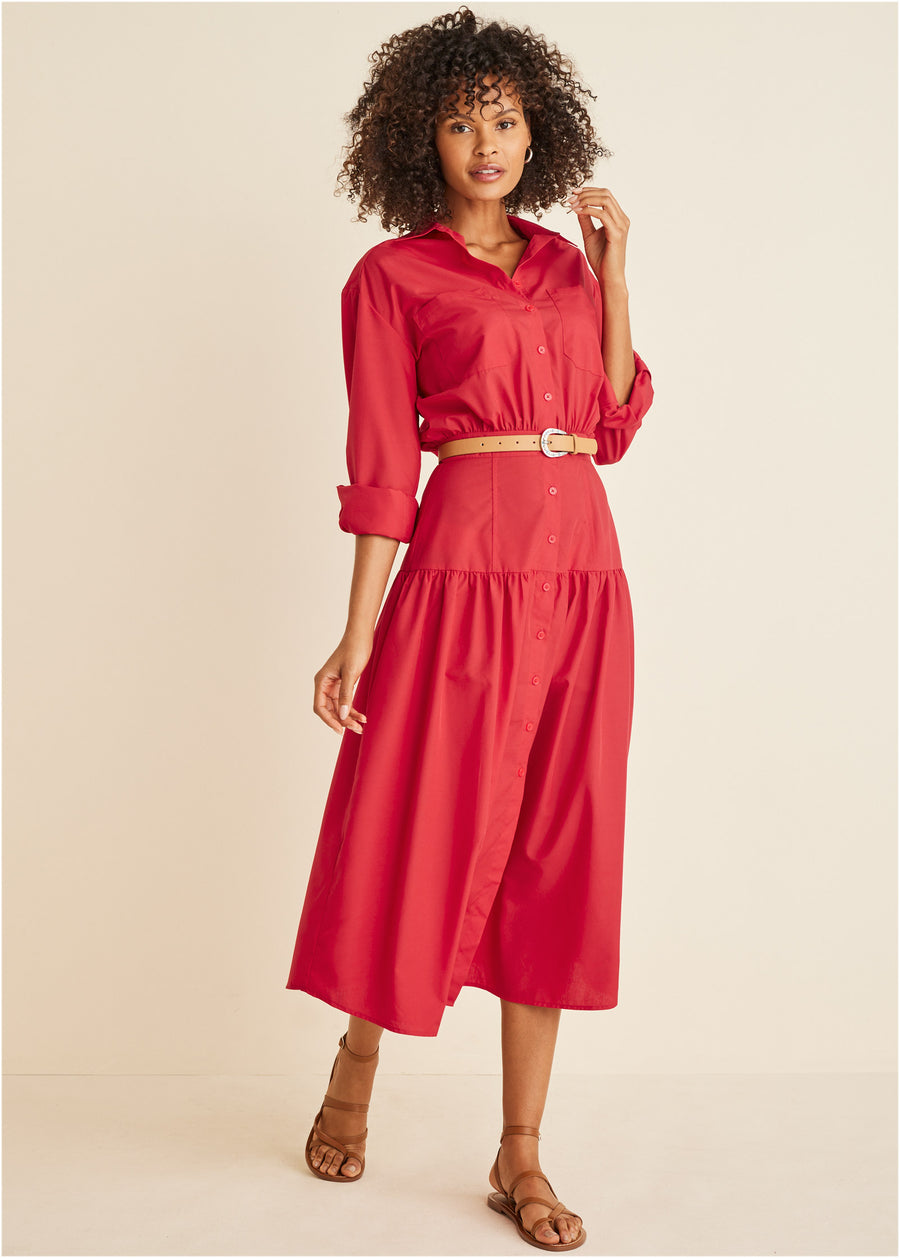 Robe midi à col - Rouge