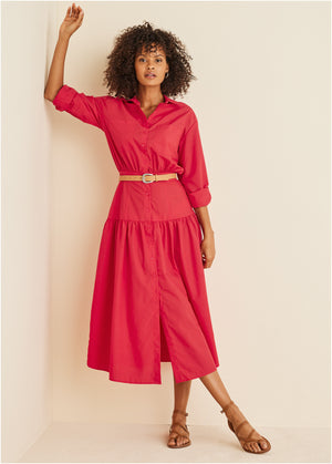 Collared Midi Dress - Red - thumbnail-1