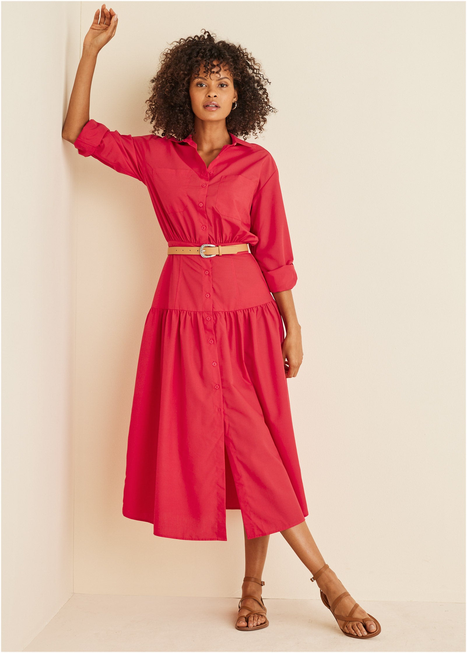 Robe midi à col - Rouge