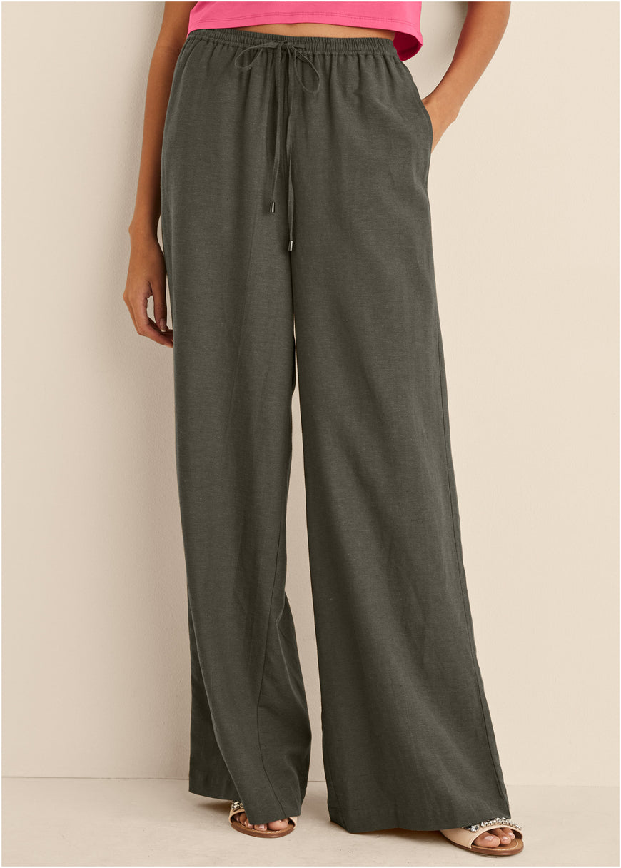 Cotton Linen Wide Leg Pants - Olive