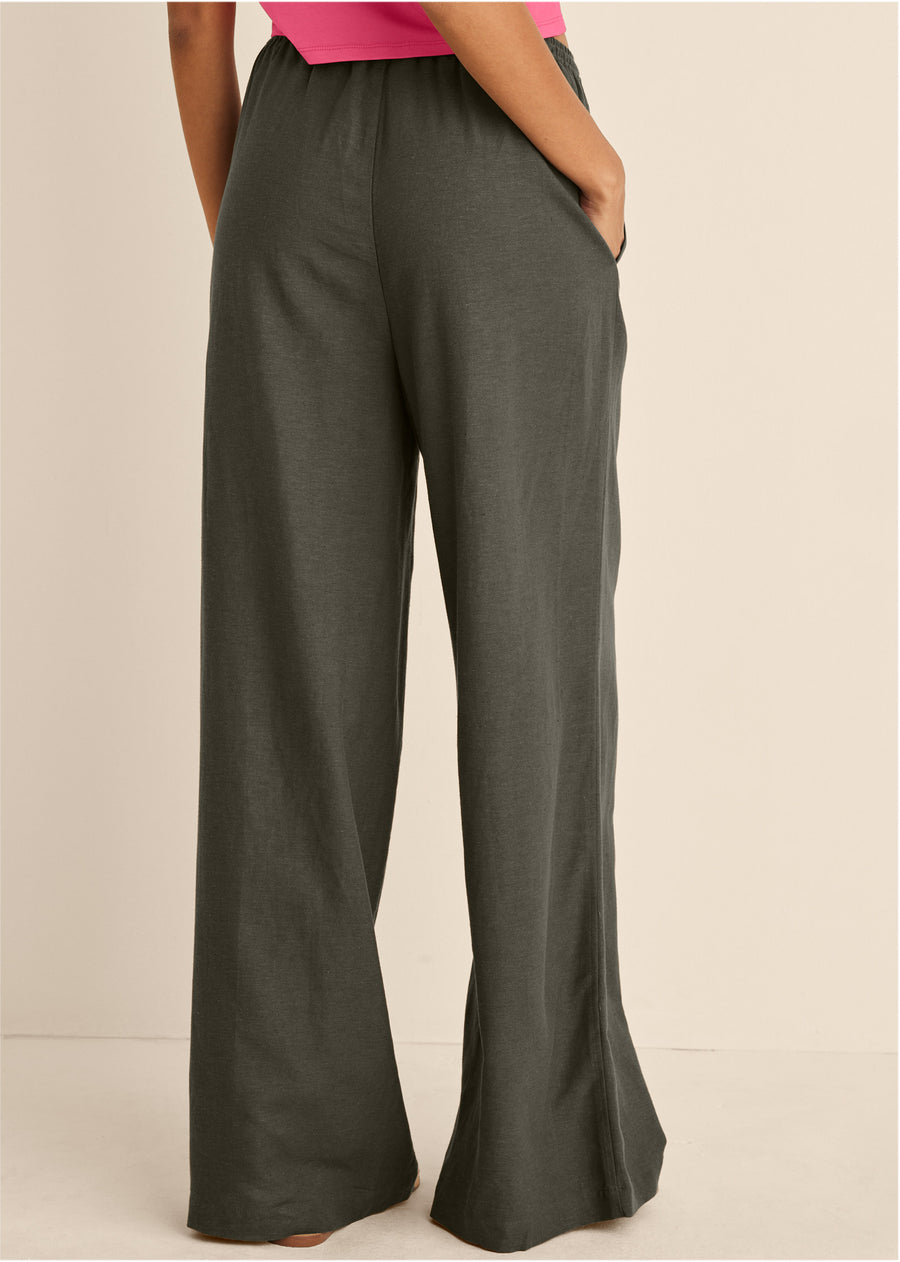 Cotton Linen Wide Leg Pants - Olive