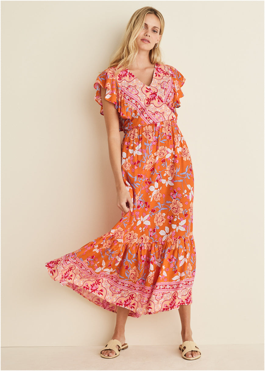 Robe midi à manches flottantes - Orange Multi