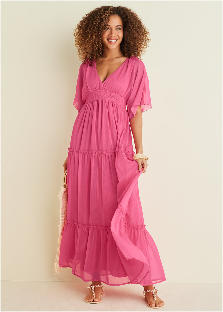 Flutter Sleeve Maxi Dress - Hot Pink