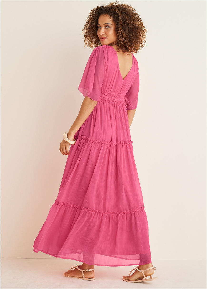 Flutter Sleeve Maxi Dress - Hot Pink