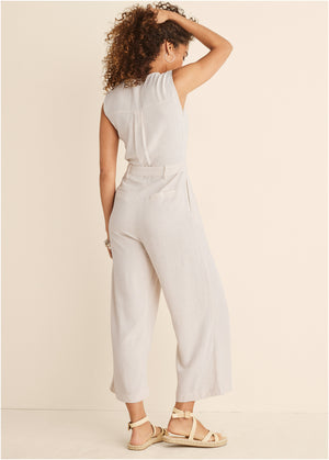 Button front linen jumpsuit - Beige - thumbnail-2