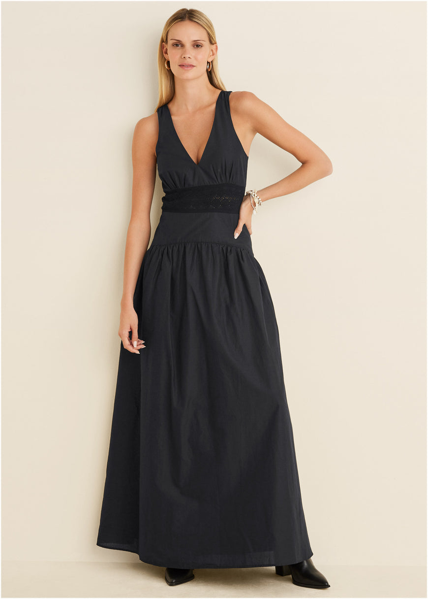 Robe longue à col en V - Noir