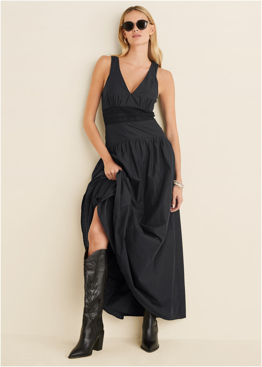 Robe longue à col en V - Noir