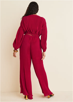 Plisse Wide Leg Pants - Red - thumbnail-2