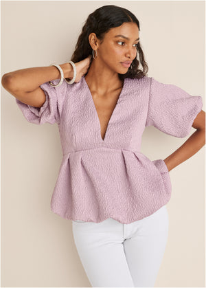 Textured V-Neck Top - Lilac - thumbnail-4