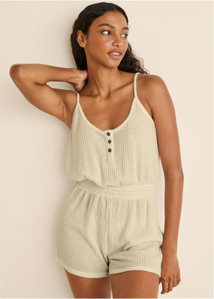 Cozy Waffle Romper - Oatmeal - thumbnail-1