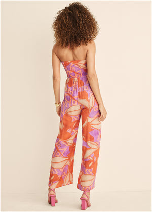 Smocked Printed Jumpsuit - Orange Multi - thumbnail-2