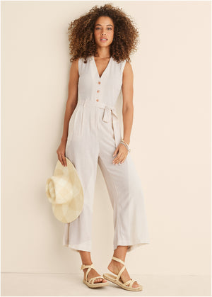 Button Front Linen Jumpsuit - Beige - thumbnail-7