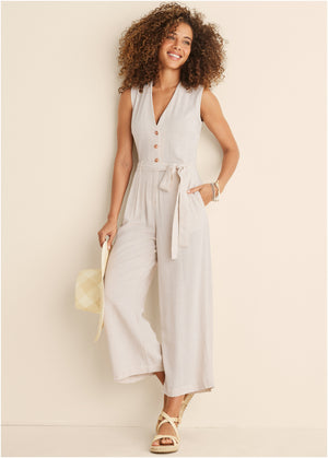 Button front linen jumpsuit - Beige - thumbnail-8