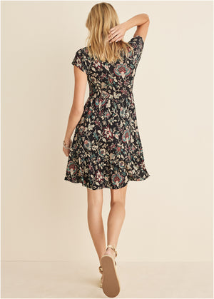 Robe courte col V - Noir Floral - thumbnail-2