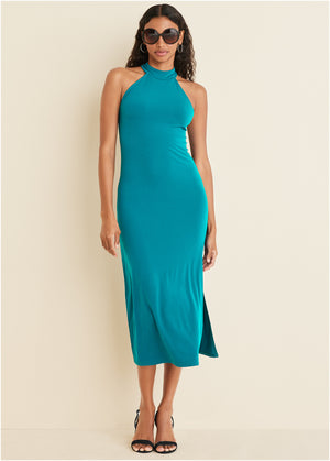 High Neck Midi Dress - Teal - thumbnail-1