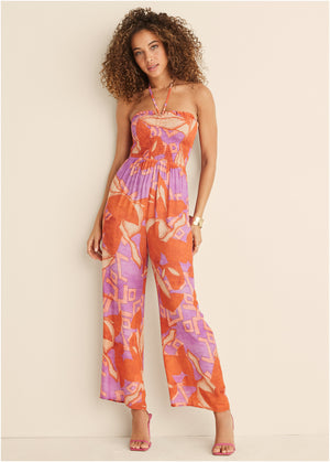 Smocked Printed Jumpsuit - Orange Multi - thumbnail-7