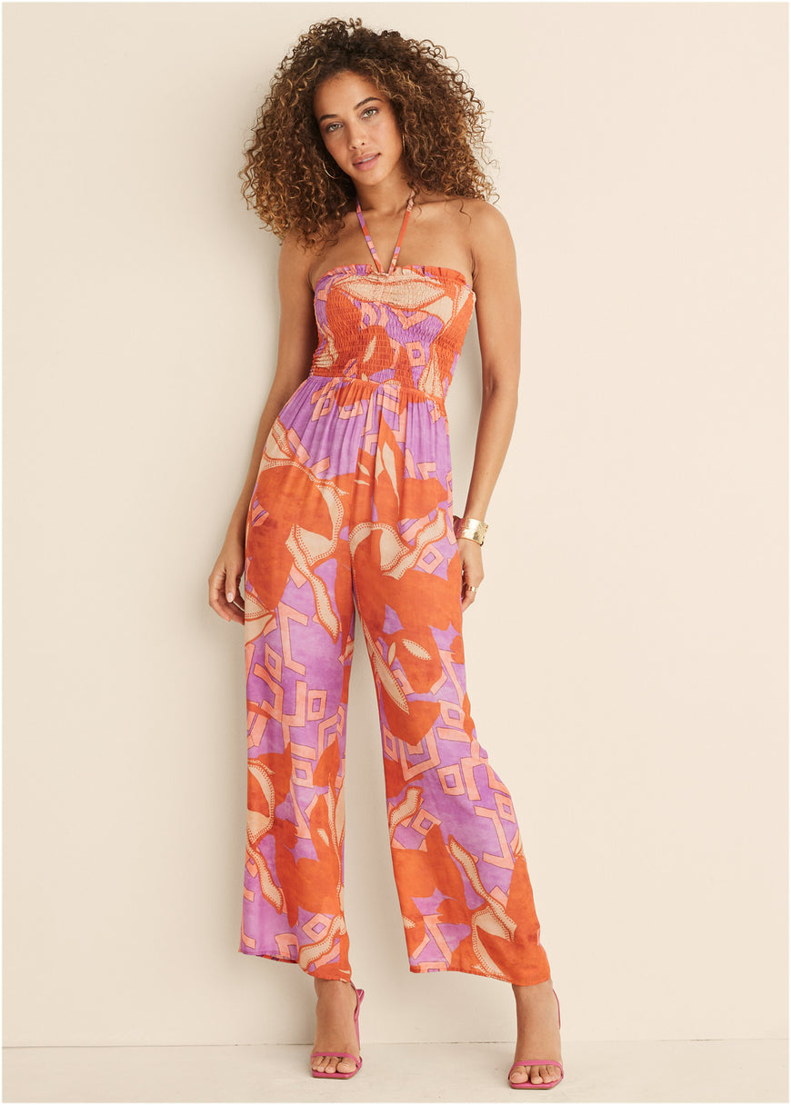 Smocked Printed Jumpsuit - Orange Multi