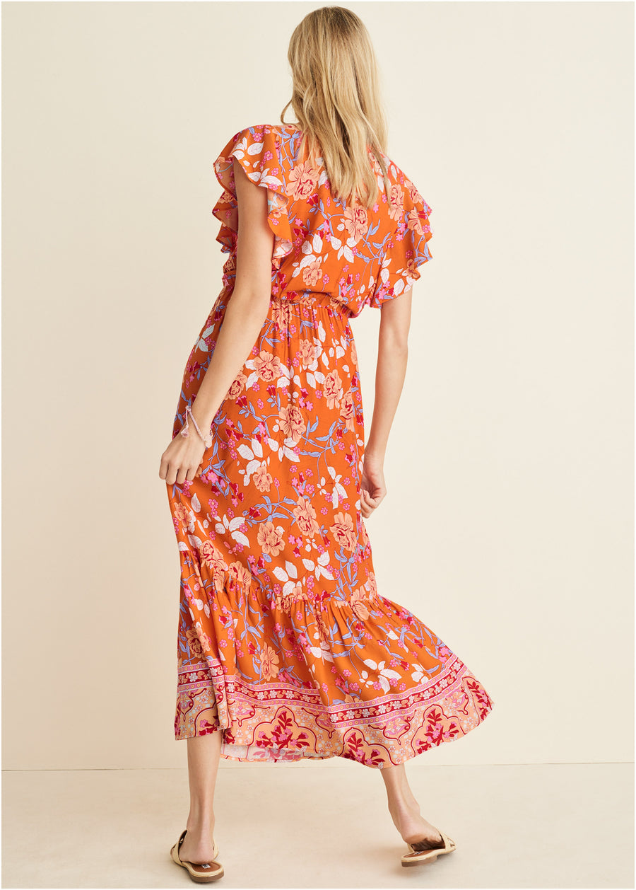 Robe midi à manches flottantes - Orange Multi