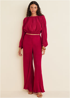 Plisse Wide Leg Pants - Red - thumbnail-1