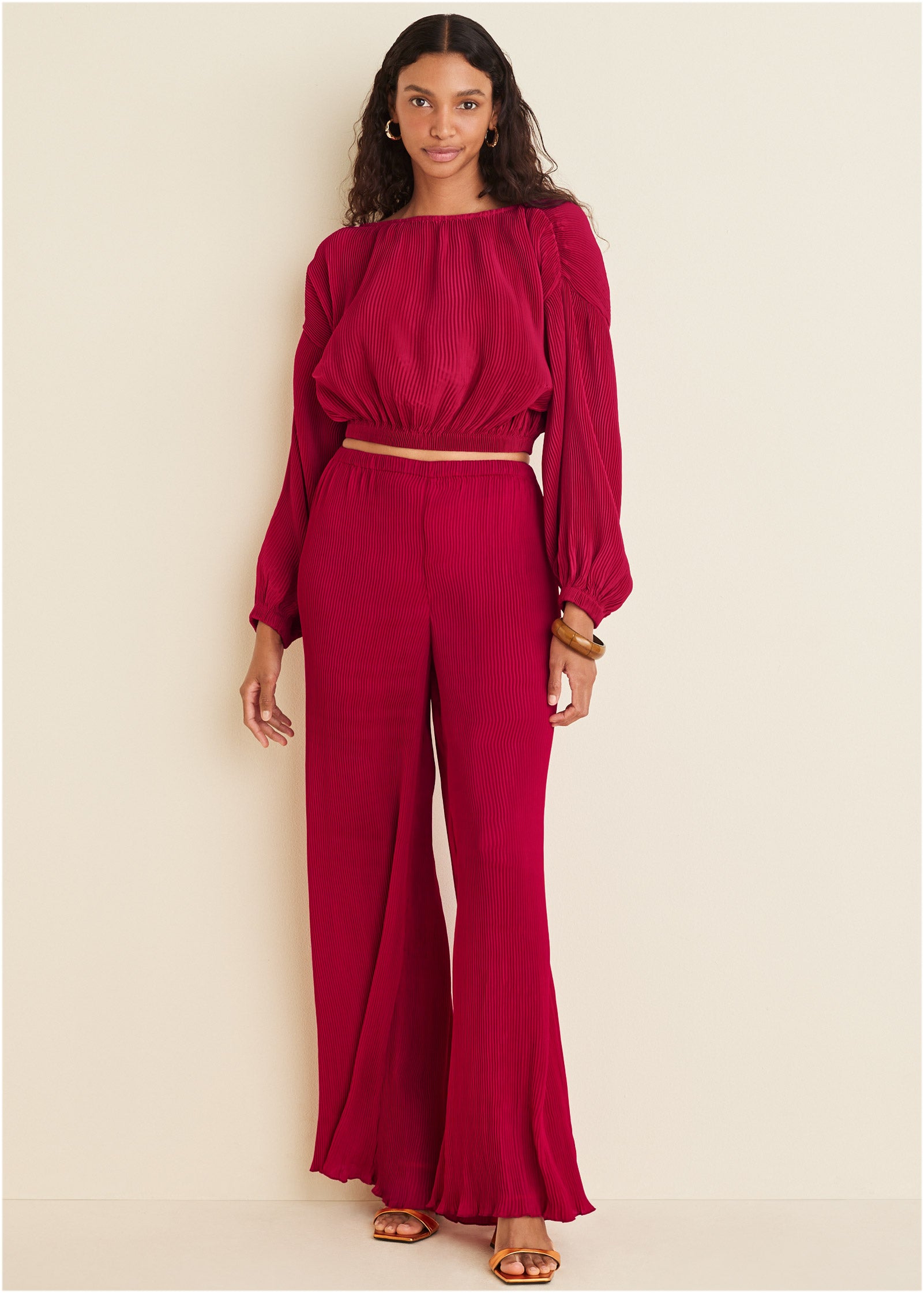 Plisse Wide Leg Pants - Red