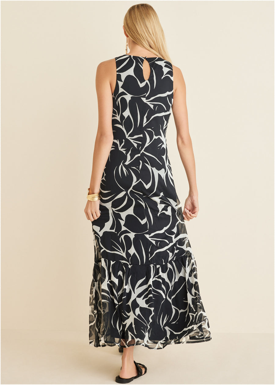 Ruffle Hem Maxi Dress - Woodcut Botanical