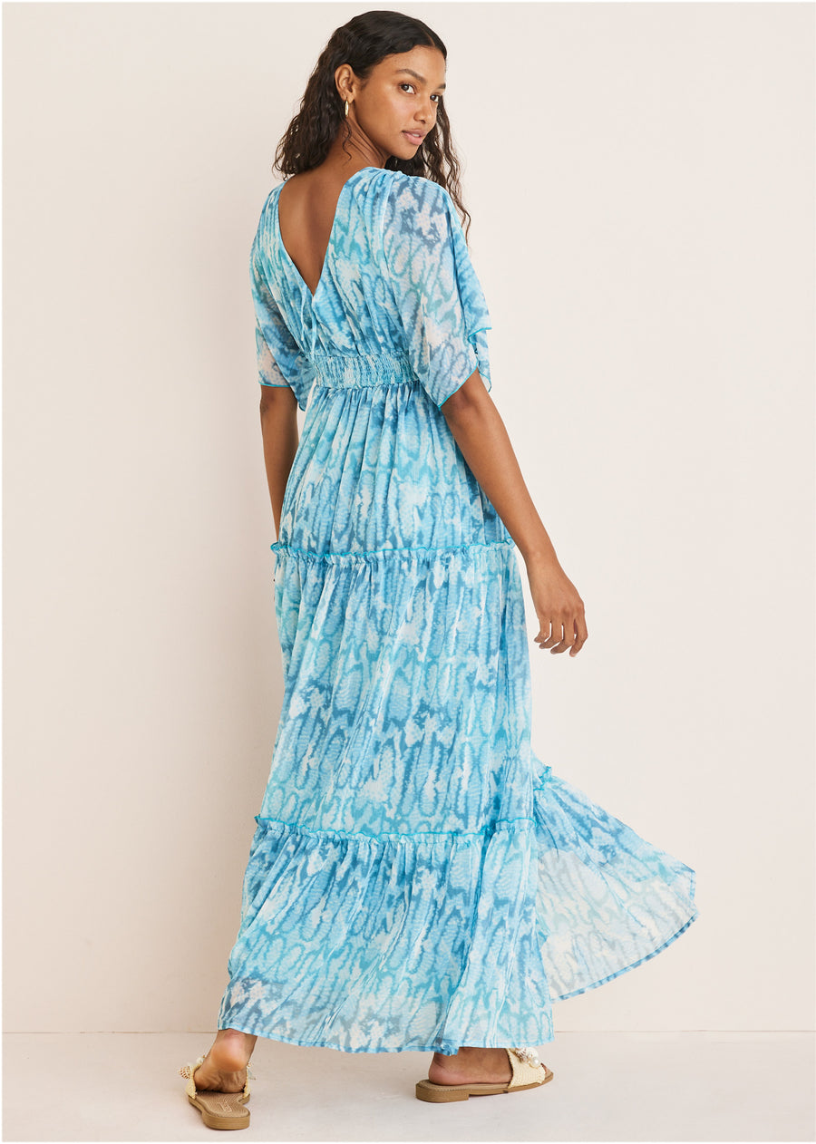 Flutter Sleeve Maxi Dress - Water Snake