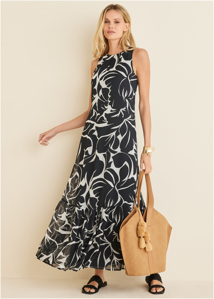 Ruffle Hem Maxi Dress - Woodcut Botanical