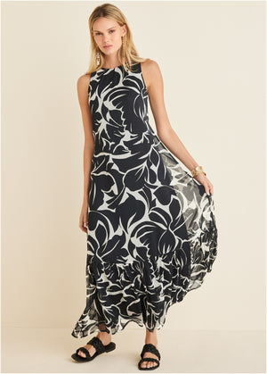 Ruffle hem maxi dress - Woodcut Botanical - thumbnail-1