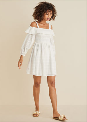 Cotton dobby off shoulder mini dress  - Off White - thumbnail-1