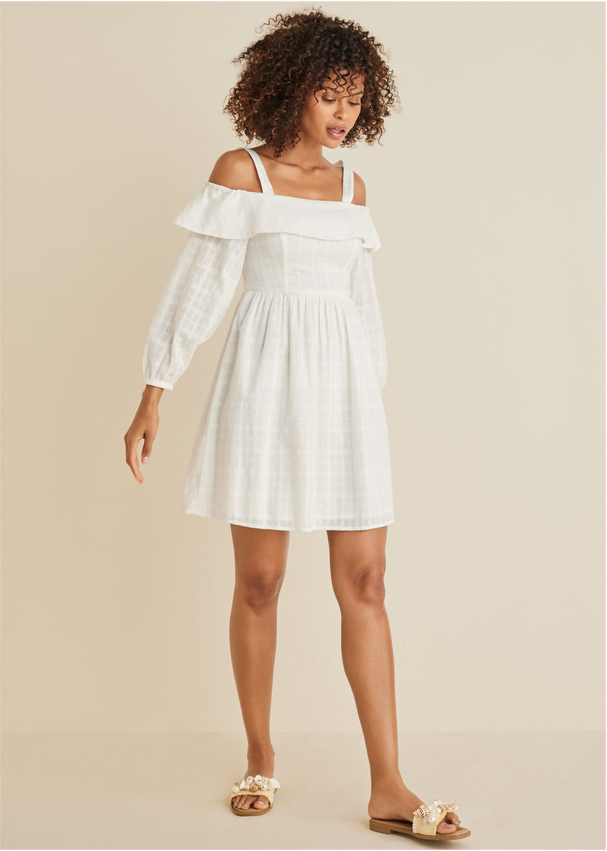 Cotton Dobby Off Shoulder Mini Dress  - Off White