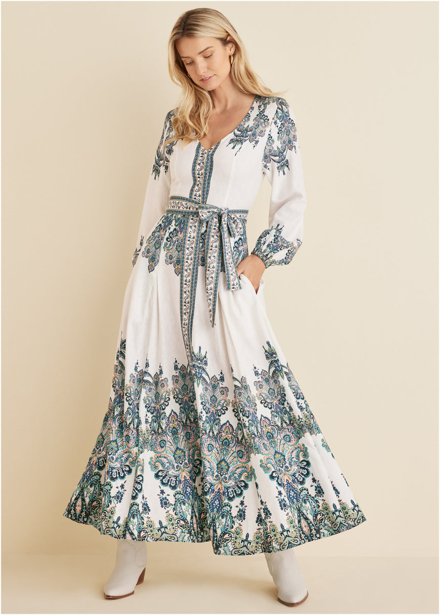 Robe longue à taille nouée - Blanc Multi