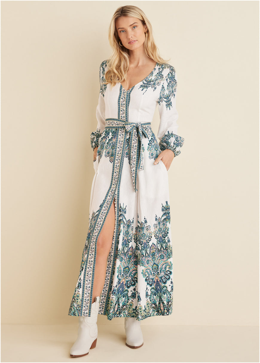 Robe longue à taille nouée - Blanc Multi