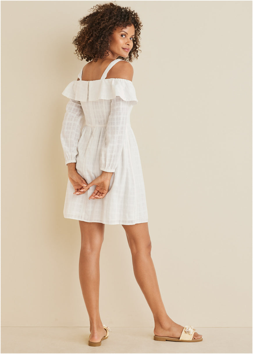 Mini-robe à épaules dénudées en coton dobby - Off White