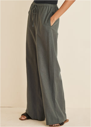 Cotton Linen Wide Leg Pants - Olive - thumbnail-9