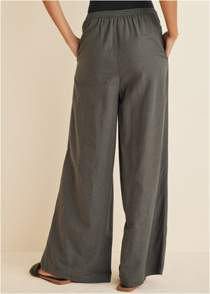 Cotton Linen Wide Leg Pants - Olive - thumbnail-8