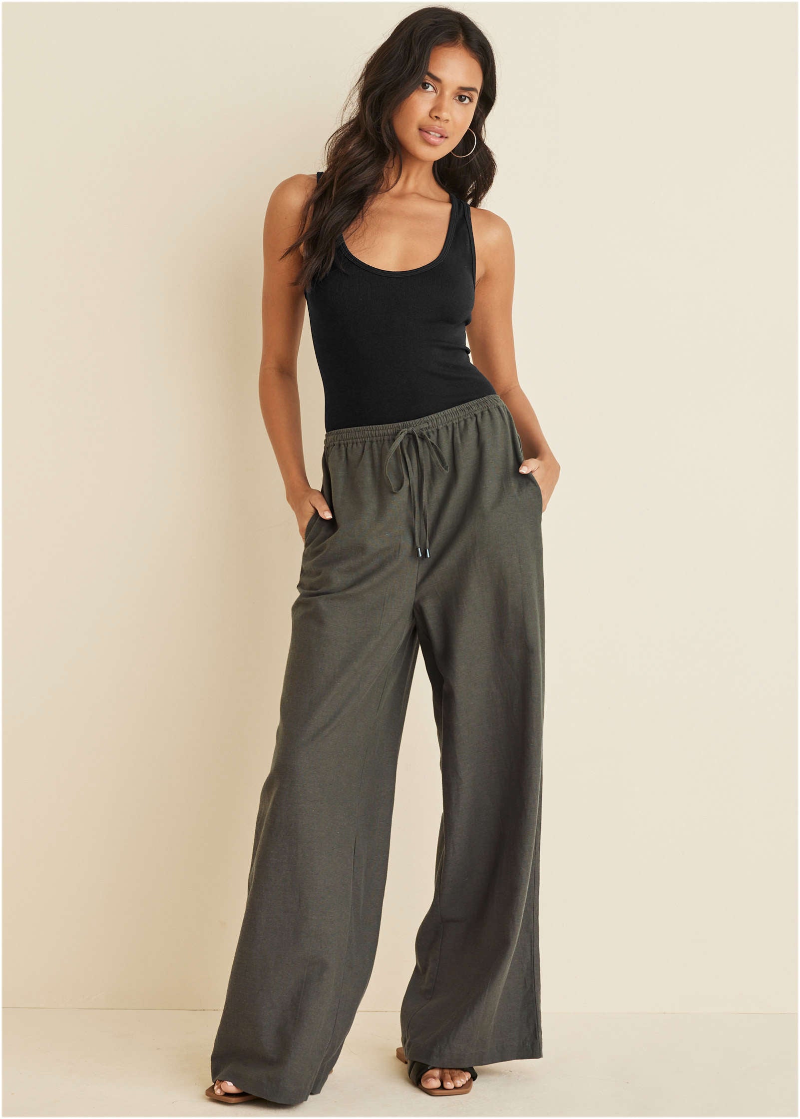 Cotton Linen Wide Leg Pants - Olive