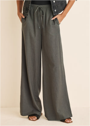 Cotton Linen Wide Leg Pants - Olive - thumbnail-7