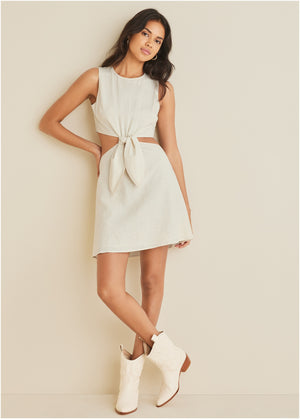 Linen cutout mini dress - Cream - thumbnail-1