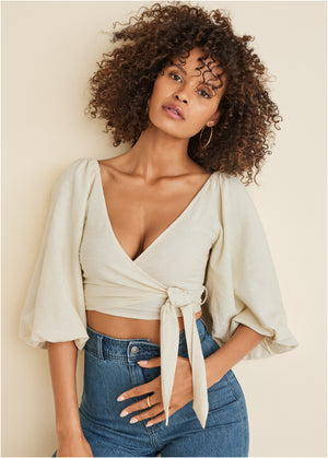 Linen Wrap Top - Cream - thumbnail-1