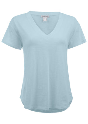 T-shirt col V en coton flammé - Bleu clair - thumbnail-2