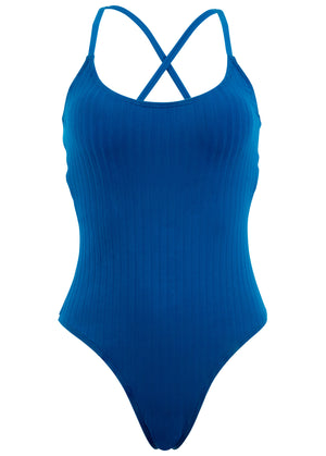 Superrib Tie Back One-Piece - Blue - thumbnail-3