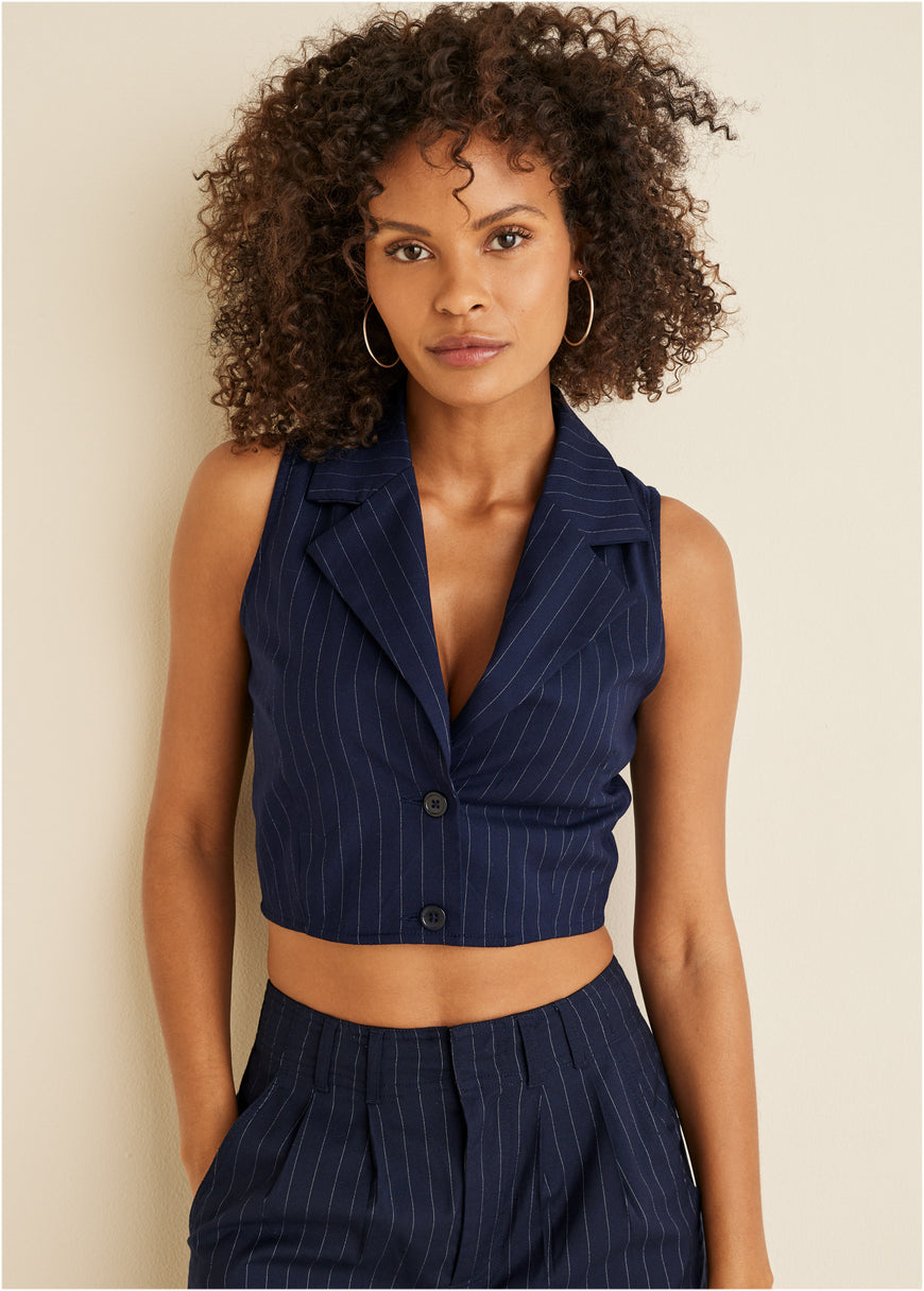 Sleeveless Cropped Suit Set - Navy Multi