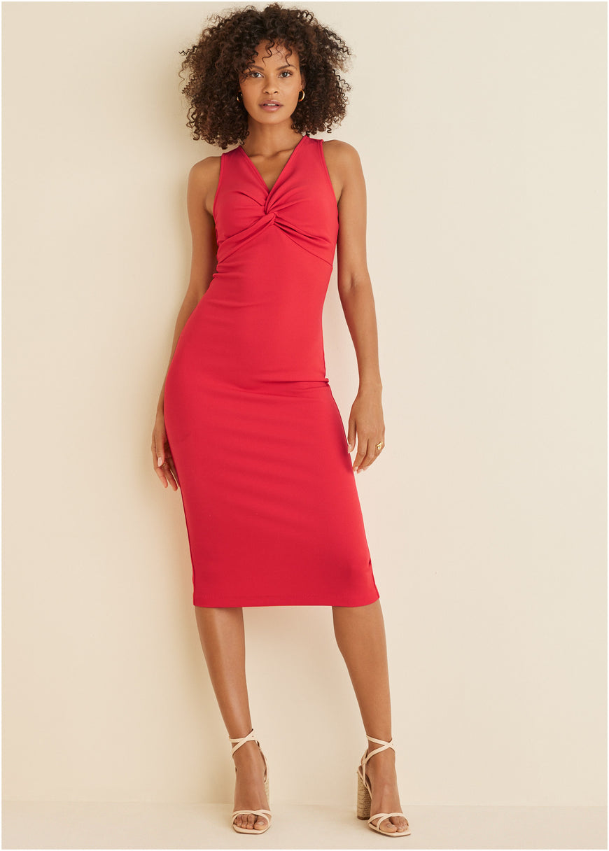 Twist Front Midi Dress - Red