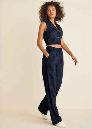 Sleeveless Cropped Suit Set - Navy Multi - thumbnail-3